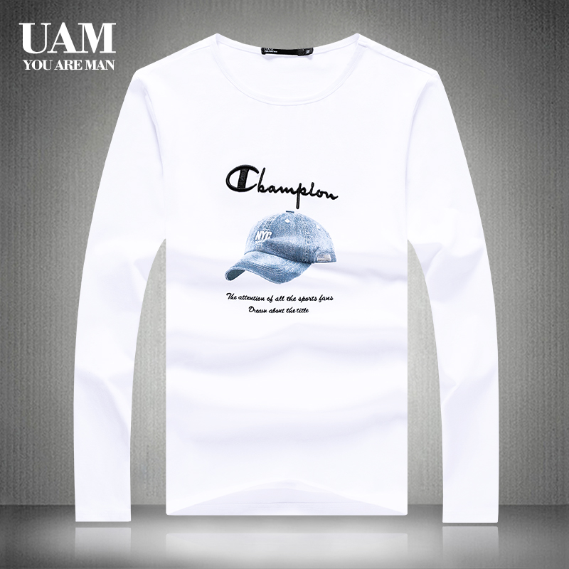 UAM Men's Dress Long Sleeves T-shirt Male Autumn New Letters Embroidered Pure Cotton Round Collar Fashion Blouse Men's Undershirt Sashimi