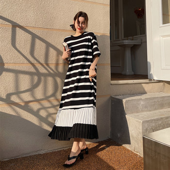 Splicing contrast color pleated long skirt women's summer European and American style tall summer dress long over the knee loose T-shirt dress