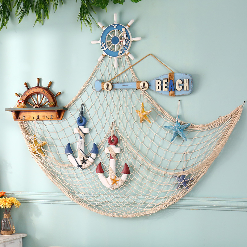 Wooden Boat Anchor Mediterranean Fishing Net Combined Wall-mounted Wall Decoration Creative Home Sofa Background Wall Pendant Soft Adornment