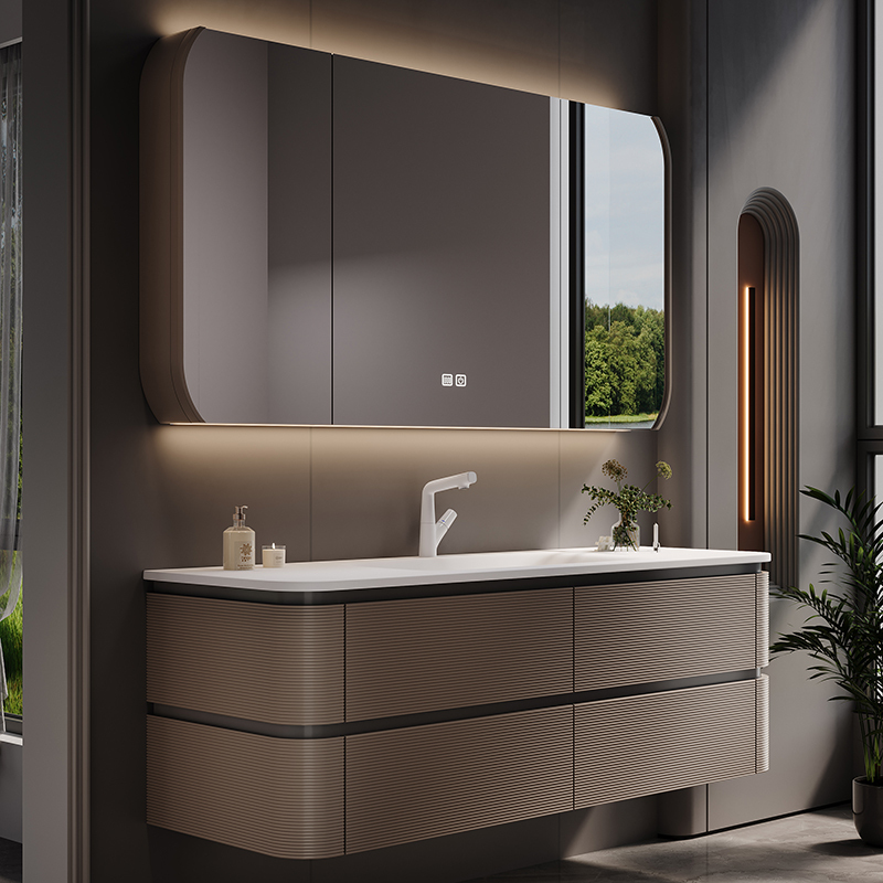 Oak Modern Italian Light Luxury Bathroom Cabinet Set Hotel-Style Bathroom Vanity Integrated Washbasin Cabinet Smart