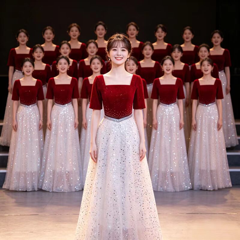 Chorus Performance Costume for Women, Red Velvet Sequined Long Dress, Adult Choir Red Song Performance Stage Performance Conductor Uniform
