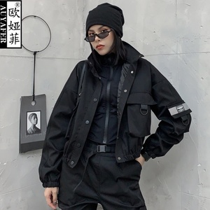 欧美2021年新款女春秋短黑色立领夹克