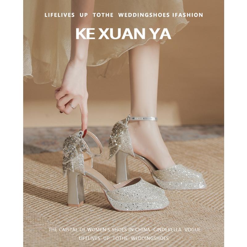 Beautiful and Comfortable Bridal Wedding Shoes for Women 2026 New Style with Fine Glitter, Square Toe, Chunky Heel, Waterproof Platform, High-Heeled Sandals