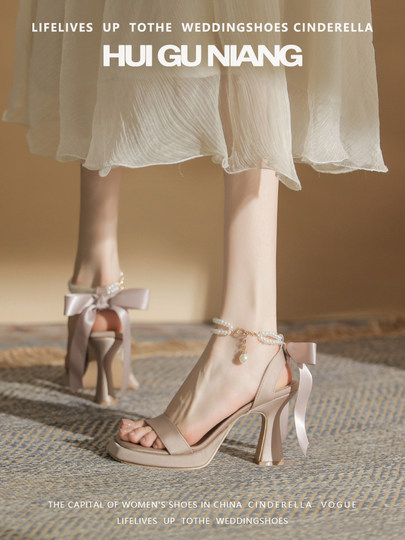 丝带后蝴蝶结露趾高跟鞋女夏季气质名媛方头厚底超高跟一字带凉鞋