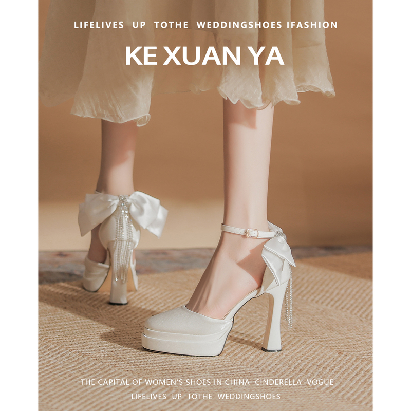 Rhinestone Tassel Back Bow Mary Jane Platform White High Heels for Women 18 Years Old Coming-Of-Age Ceremony Dress Matching Chunky Heels Rhinestone Tassel Back Bow Mary Jane Platform White High Heels for Women 18 Years Old Coming-Of-Age Ceremony Dress Matching Chunky Heels