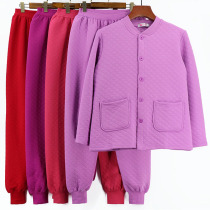 Middle-aged and elderly womens thermal underwear suit three-layer thick cotton cardigan plus fat plus size loose close-fitting long johns