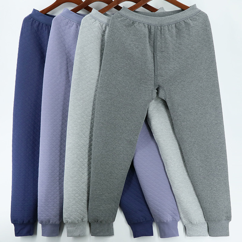 Men's thermal pants three-layer thick cotton high-waist long johns plus fertilizer and enlarged thermal pants middle-aged and elderly cotton line pants