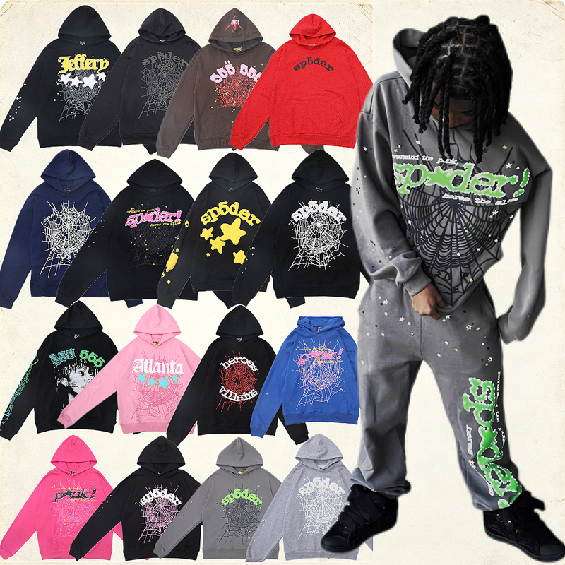 Sp5Der Hooded Sweatshirt with Spider Web, Star, and Letter Print, American Street Style Trendy Brand Jacket, Casual Pullover for Men Sp5Der Hooded Sweatshirt with Spider Web, Star, and Letter Print, American Street Style Trendy Brand Jacket, Casual Pullover for Men
