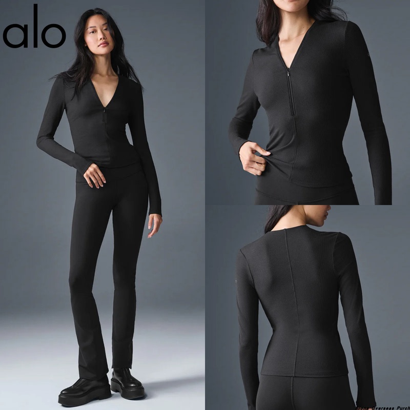 Authentic Direct Mail Alo Yoga New Women's Autumn and Winter Slim-Fit Long-Sleeve Ribbed V-Neck Sports Fitness Yoga Clothes