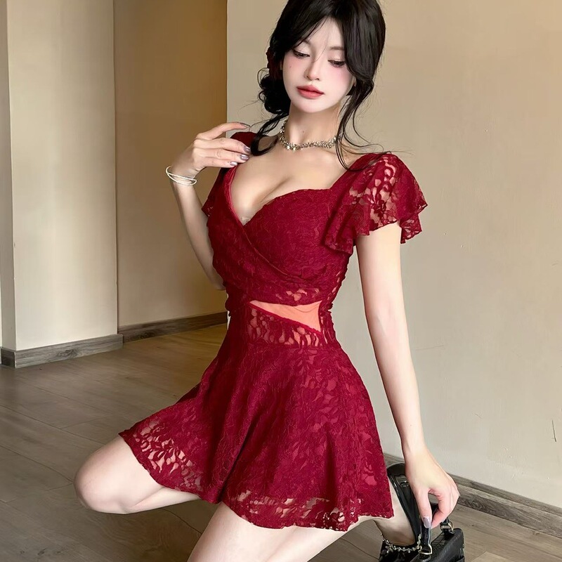 Nightclub Work Uniform for Women, Summer Sexy Lace Deep V-Neck Low-Cut Patchwork Flared Short-Sleeve A-Line Dress