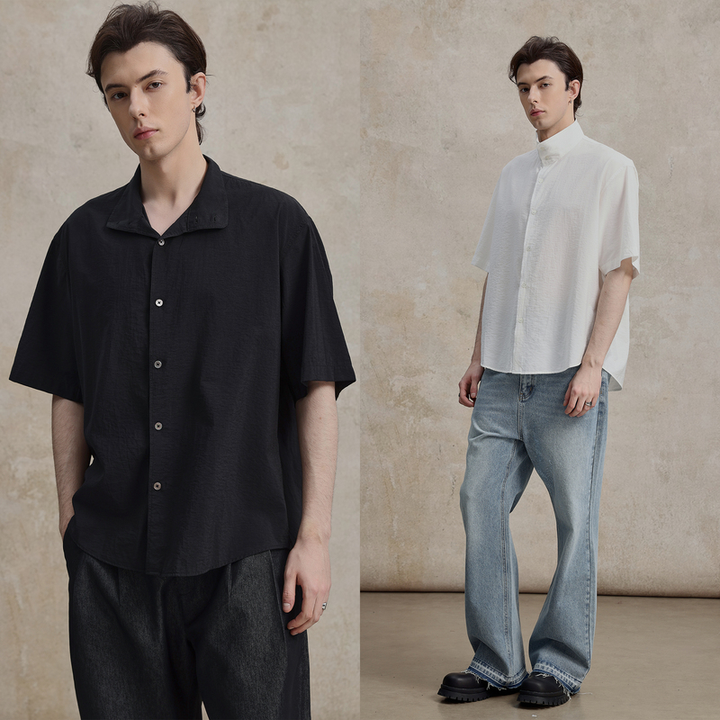 Cakunta Chinese-Style Stand-Up Collar Minimalist Commuter Short-Sleeve Shirt, Convertible Collar, Shell Button Embellishments, Drapey Feel Cakunta Chinese-Style Stand-Up Collar Minimalist Commuter Short-Sleeve Shirt, Convertible Collar, Shell Button Embellishments, Drapey Feel