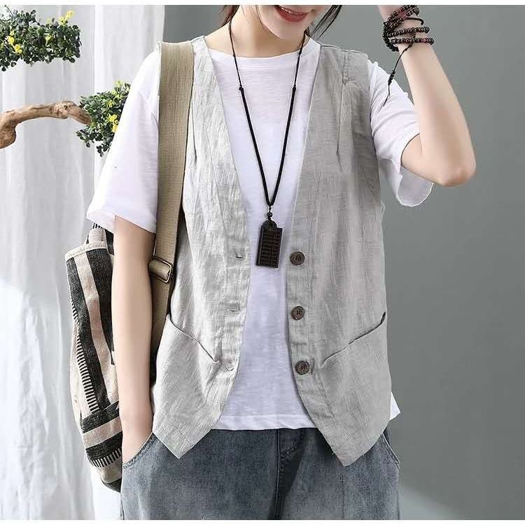 Women's Vest, Retro and Artistic Style, New Trendy Breathable Cotton and Linen Loose-Fitting Sleeveless Top, Linen Thin Cardigan, Short Jacket