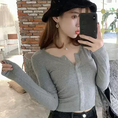 Knitted cardigan short cotton jacket women's long-sleeved slim-fit T-shirt white bottoming shirt round neck black Korean top