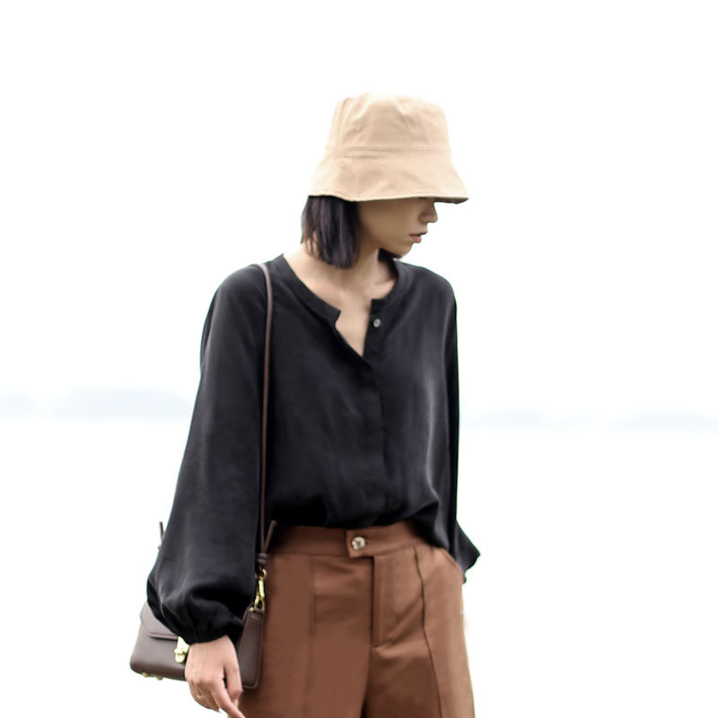 Style Loose with Lazy Wind Shirt Woman Long Sleeve Blouse Blouse Women's New Black Lining Woman Superior Brass Ammonia Silk Shirt-Taobao