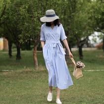 Blue and white striped dress ins summer French retro dress over knee Platycodon grandiflorum dress fat mm meat coat dress
