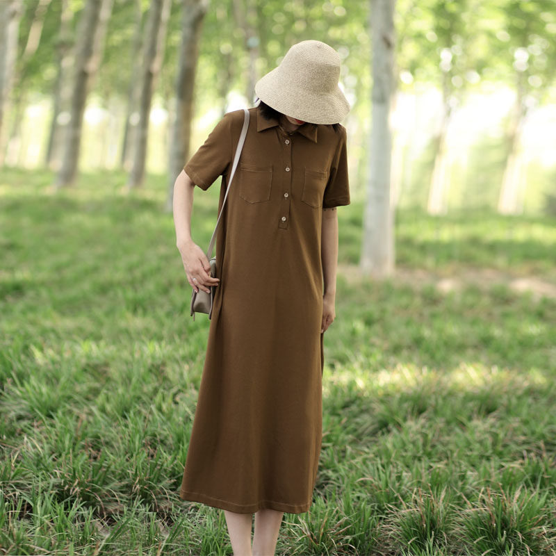 The loose cotton polo dress long casual straight knitting long skirt is thin and fat dress summer