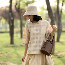 Half-sleeved summer belly slightly fat top summer Hollow cut-out age French lantern sleeve empty flower top female