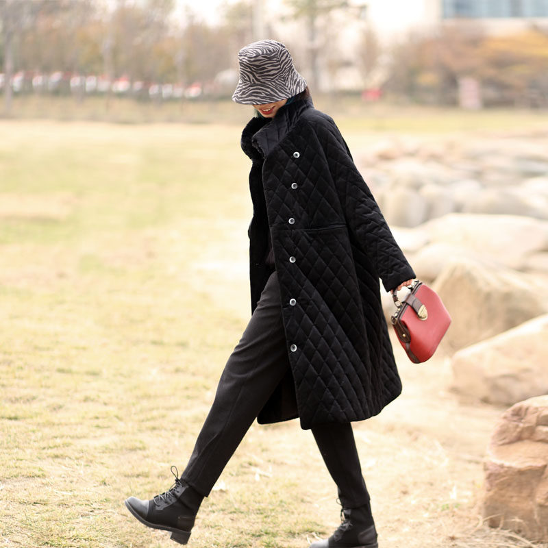 Gold velvet capless black cotton jacket women's mid-length winter coat rhombus cotton jacket 2021 new