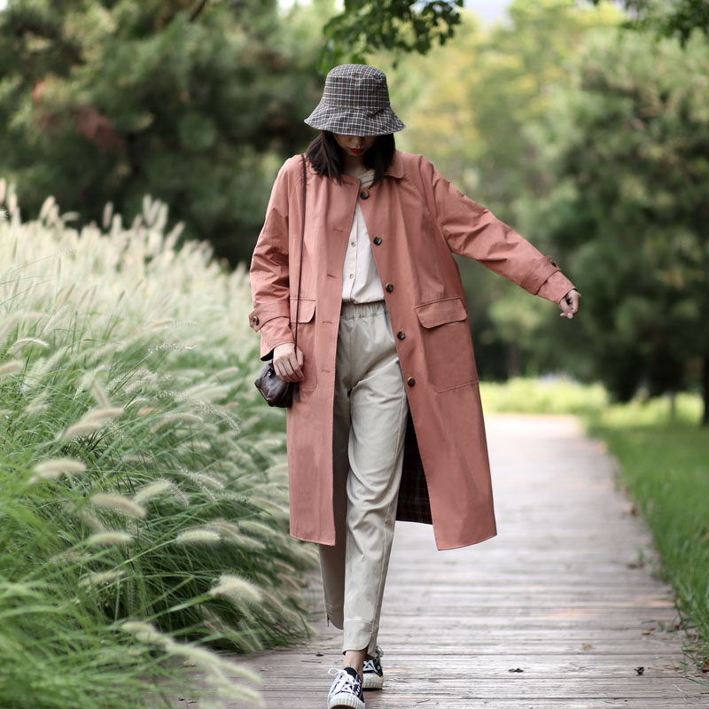 Mid-length pink reversible coat women's loose double-sided wear spring and autumn doll collar windbreaker spring new women's clothing