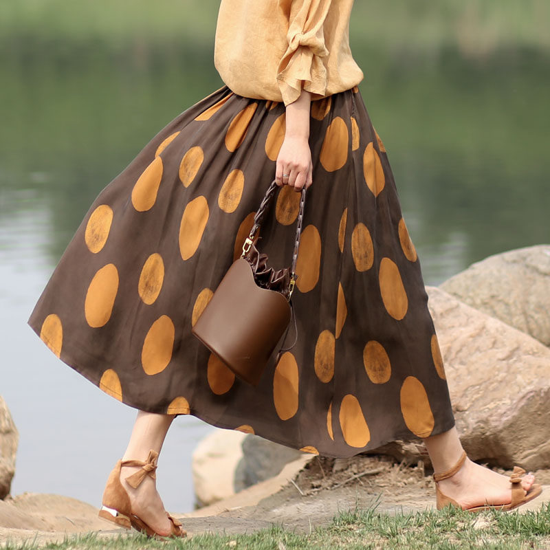 Elegant long skirt coffee color polka dot skirt a-line summer thin section hip-covering skirt slimming cupro silk skirt