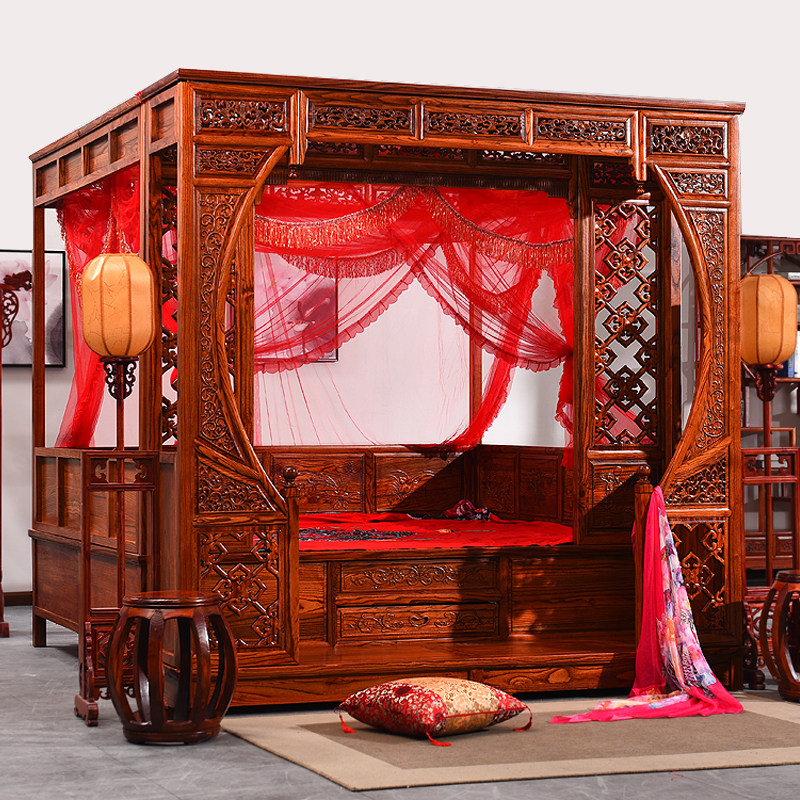 Chinese-style solid wood antique bed moon hole bed classical carved double bed thousand workers step-by-step bed step-type wedding canopy bed