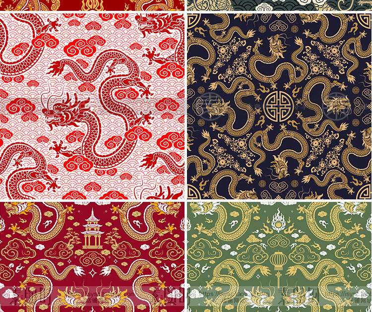 2024龙年新春中国风喜庆无缝印花图案纹理插画AI矢量设计素材背景