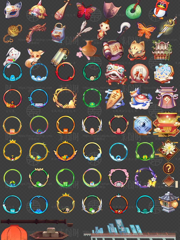 中国风卡通和风美术设计参考素材/UI界面图标技能模型立绘音效