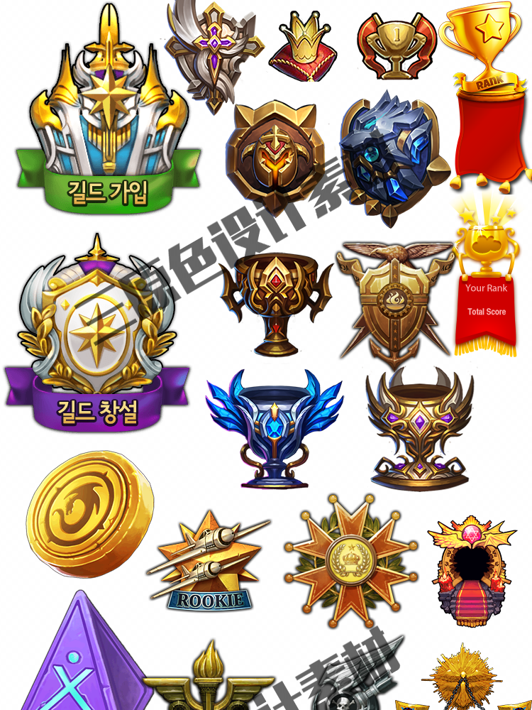 手游游戏UI设计常用素材 徽章 皇冠 等级 图腾 勋章 图标 素材