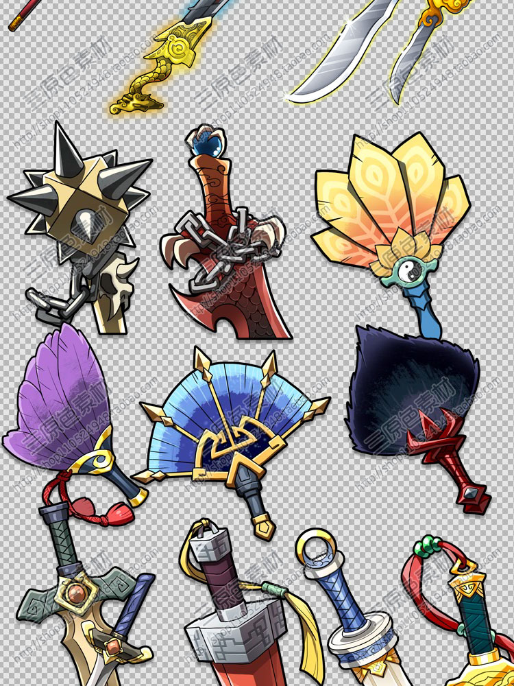 游戏美术素材资源Q版古风武器装备兵器素材UI图标 PNG源文件 游戏美术素材资源Q版古风武器装备兵器素材UI图标 PNG源文件