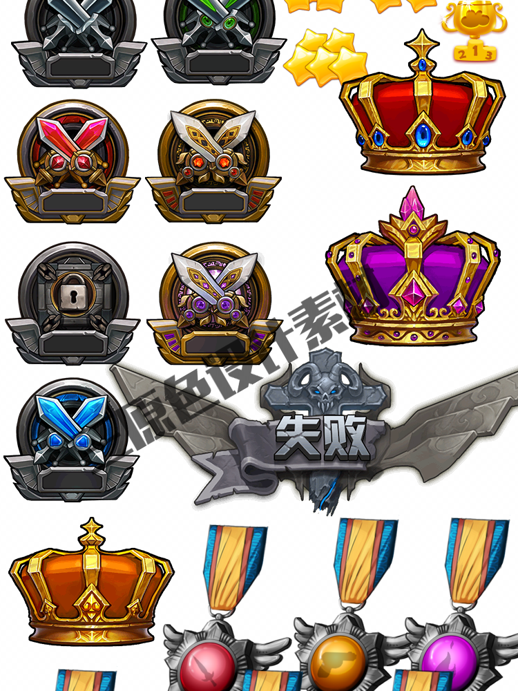 手游游戏UI设计常用素材 徽章 皇冠 等级 图腾 勋章 图标 素材