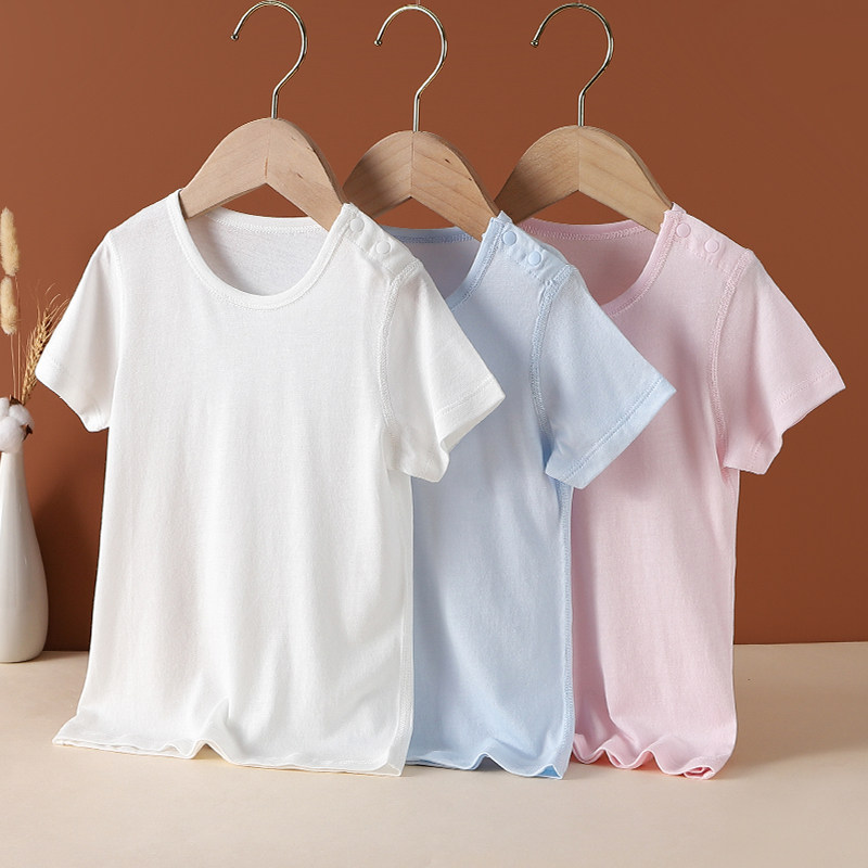 Baby summer bamboo fiber short sleeves T-shirt thin air conditioning jacket tops for men and women baby base pajamas breathable summer wear
