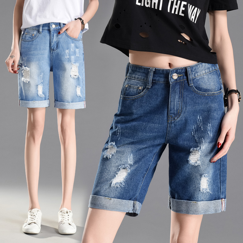 Ripped denim shorts women's summer thin loose tight high waist thin four or five points five points pants large size fat mm200 catty tide