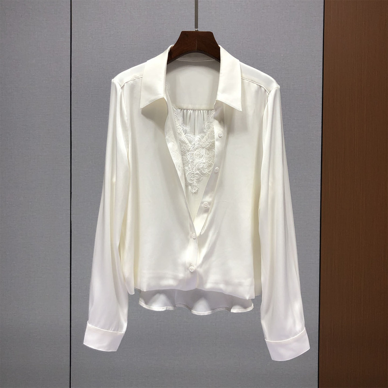 Shenzhen Nanyou # Lace Silk Fake Two-Piece Shirt for Women, Autumn European Style New French Satin Top 87Z16
