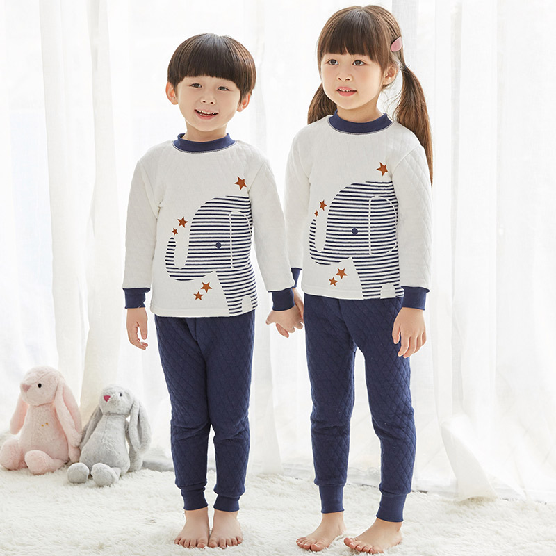 Childrens bộ đồ lót nhiệt ba lớp nam cotton dày và trẻ em gái quần áo mùa thu mùa thu quần kẹp bông mùa đông 3-5-7-9 tuổi.