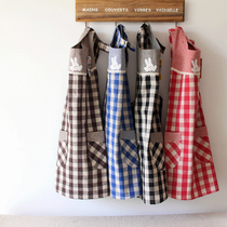 (Day special price) apron cotton coarse hemp Korean square grid kitchen clean and sewage prevention
