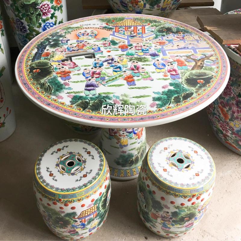 Jingdezhen Ceramic Table and Stool Set, Hand-Painted with a Traditional Chinese Pattern, Suitable for Outdoor Courtyard, Balcony, and Garden