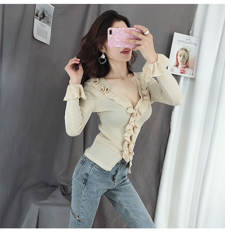 Sexy v-cổ đơn ngực xù lông tay áo sơ mi nữ mùa thu và mùa đông mới mỏng đan tay dài đan len áo len gucci