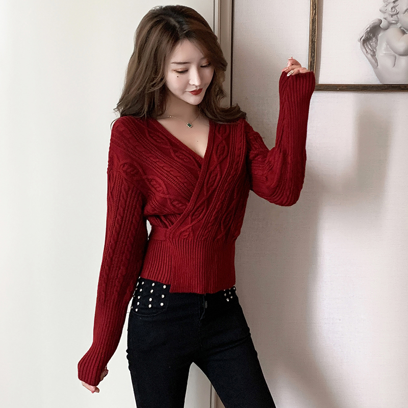 Sexy V-cổ len đỏ áo len của phụ nữ đầu cross-strapped cardigan eo thắt lưng thấp chestknitted áo khoác ngắn