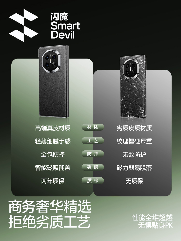 Flash Magic Compatible Huawei Mate X7 Phone Case, Genuine Leather Flip Cover, Mate Folding Screen Magnetic Stand Protective Case, New X7 Back Cover, Full-Body Anti-Drop Case, Black and White Collector's Edition, High-End for Men