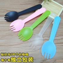 Disposable spoon Cake fork Plastic three-tooth spoon Dessert ice cream spoon thickened independent packaging 100
