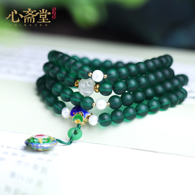 Xinzhaitang (Green Tara) Handmade Nepalese Old Glass 108 Buddha Beads Bracelet Rosary Practice Bracelet