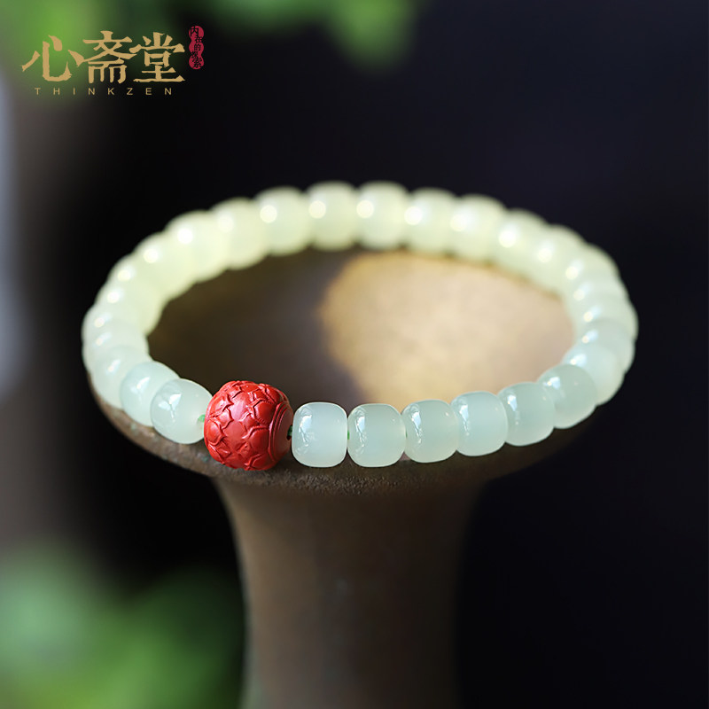 Shinsaitang (Xinyan)Natural ice oil-permeable green Hetian Jade Old-type beads Buddha beads hand string Vermilion hand chain Single circle female