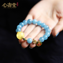Heart Zhaitang (magic blue) natural ice through sea blue treasure handstring ancient method silver wishful lock big beeswax bracelet jewelry female