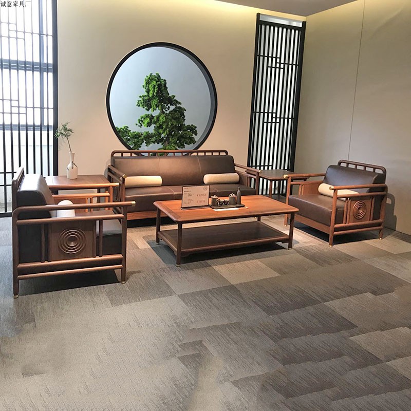 New Chinese Meditation Living Room Solid Wood Simple Prototypes Board Room Hotel Clubhouse Tea House Size House Style Fabric Sofa Combination