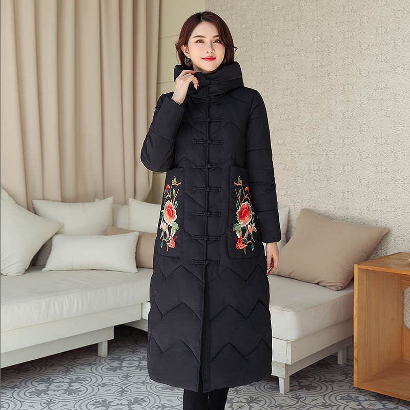 phụ nữ mùa đông của thời trang trendtang gió quốc gia gió của Trung Quốc trên đầu gối dài xuống bông phù hợp với dày bông sườn xám áo khoác