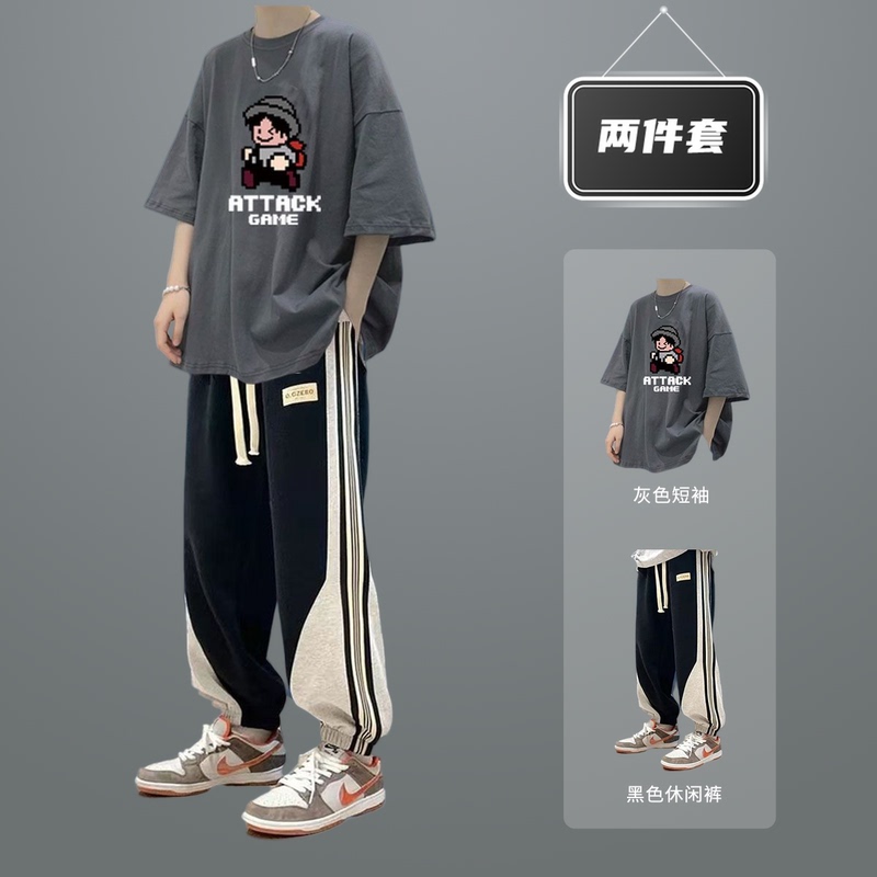 Summer Short-Sleeved T-Shirt Men's Outfit, a Complete Set of Men's Clothing, American-Style Sports Pants, Loose Trendy Brand Two-Piece Set