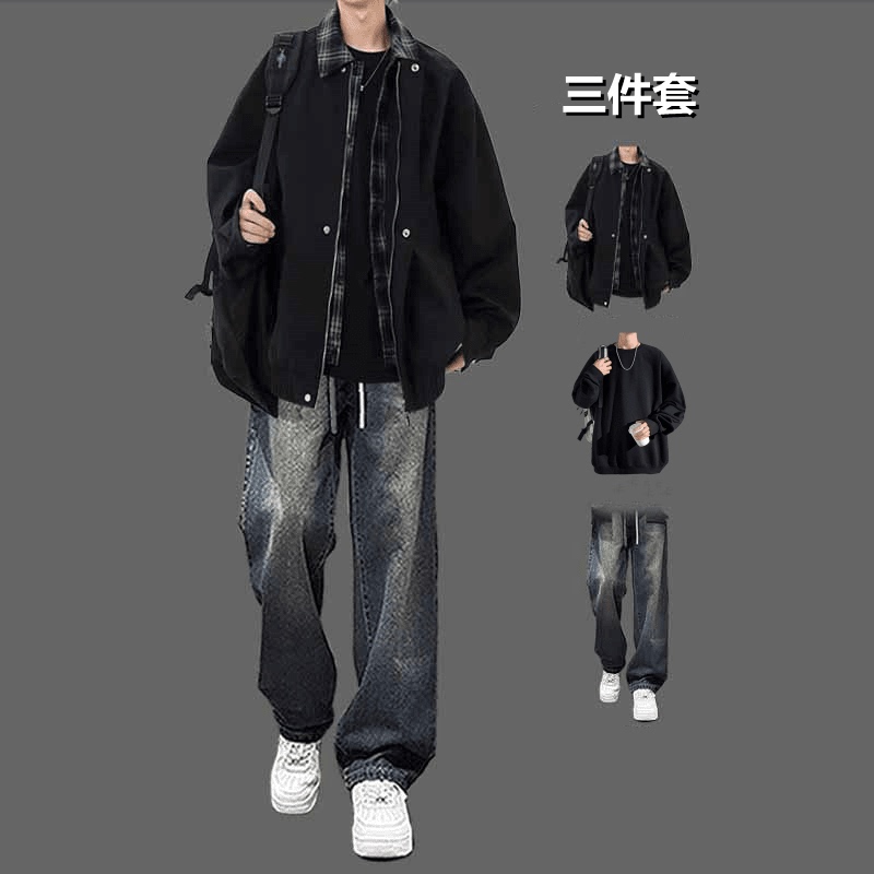 Fake Two-Piece Jacket Men's Trendy Brand Jacket Set Spring and Autumn Cool Style Outfit for Teenagers High Street Loose Fit Set