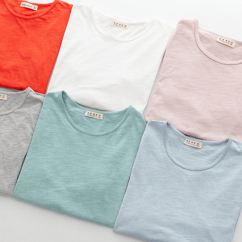 Bamboo Cotton Spring and Autumn Men's Solid Color Couple's Half-Sleeve Base Shirt Pure Cotton Long-Sleeve ins Summer Short-Sleeve T-Shirt