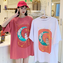 Pregnant woman dress with summer clothes Korean version Tidal Hot Mother Pregnant pregnant woman T-shirt short sleeve mid-length personality T-shirt Big size 200 catty