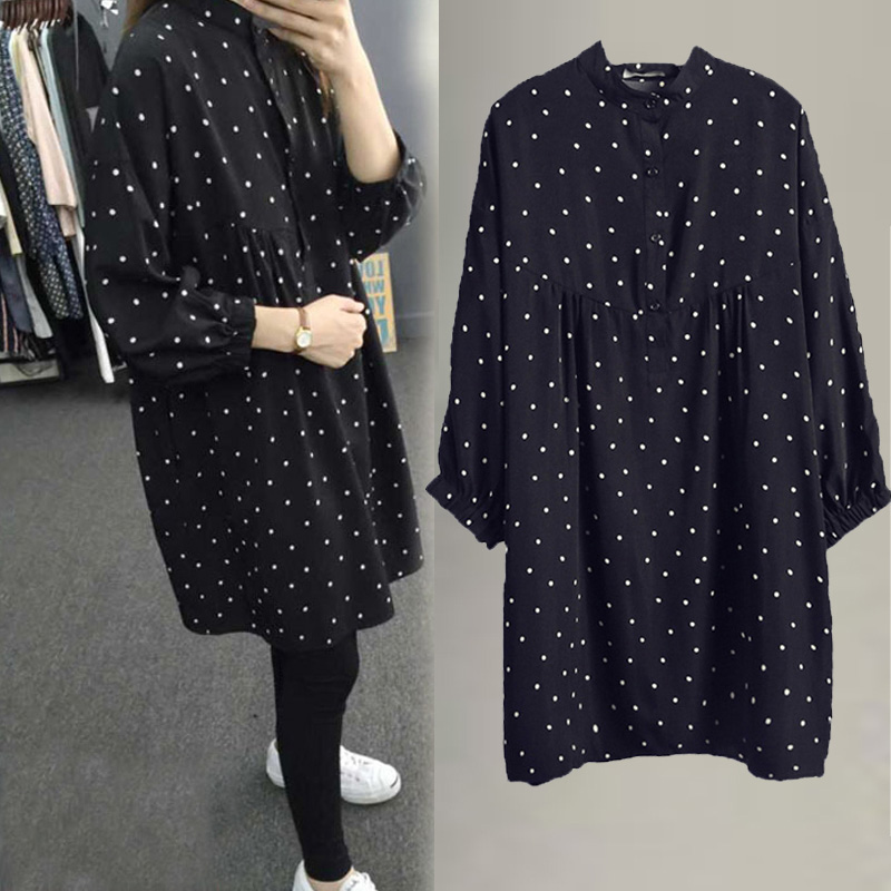 Maternity dress Spring shirt Dress fashion suit Wild shirt Medium and long version long sleeve large size 200 catty top
